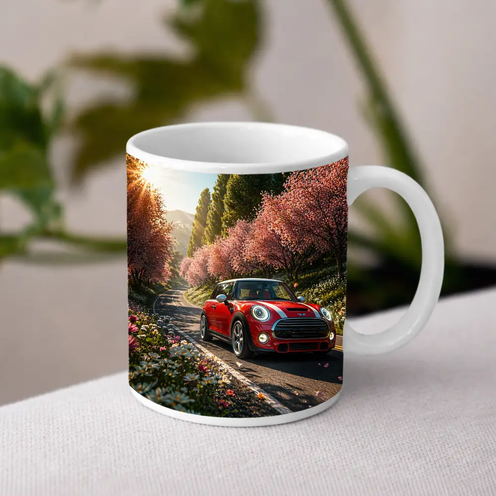 Red Mini Cooper S Cherry Blossom Road – Mugs