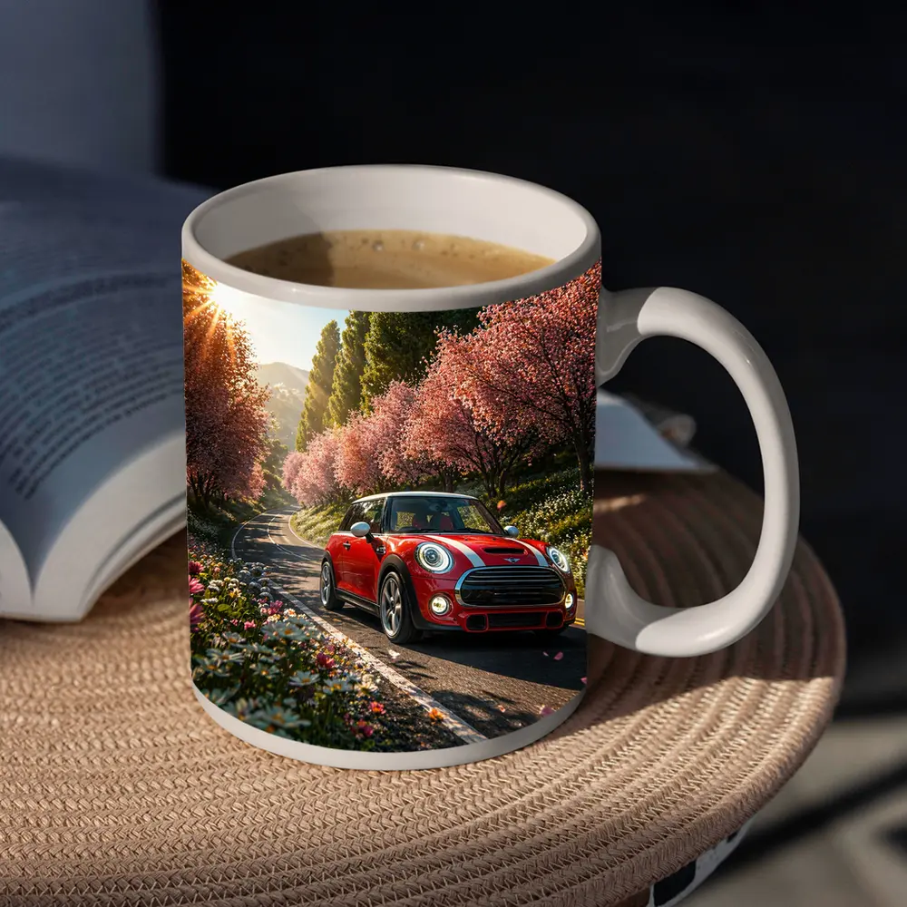 Red Mini Cooper S Cherry Blossom Road – Mugs