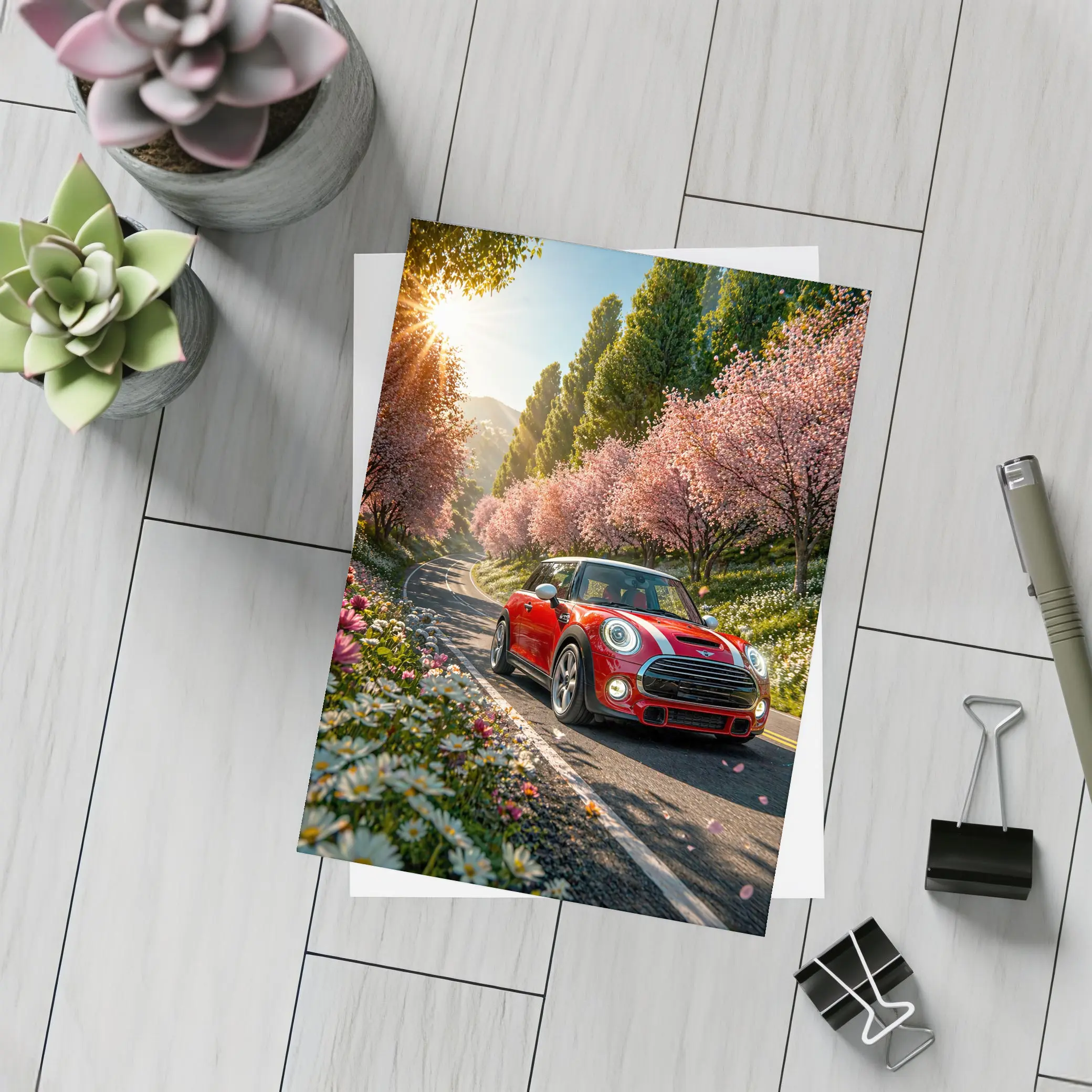 Red Mini Cooper S Cherry Blossom Road – Postcards