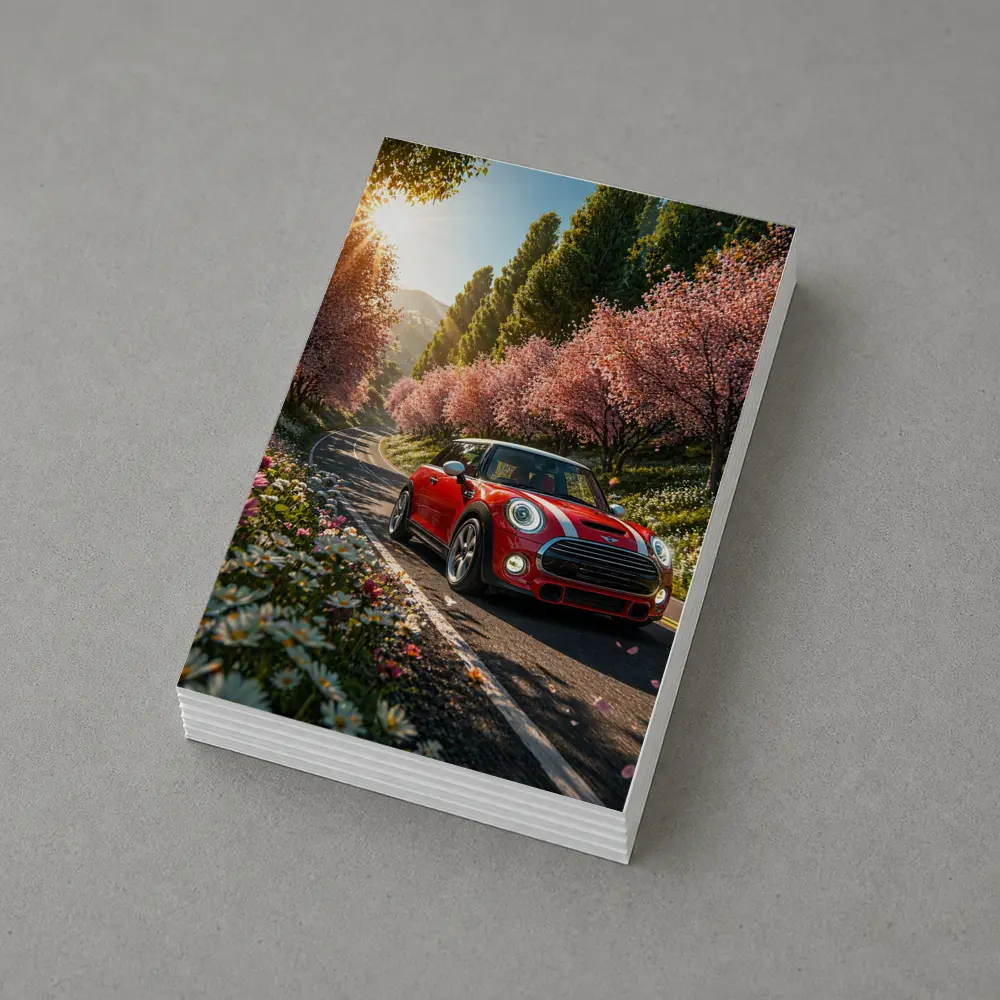 Red Mini Cooper S Cherry Blossom Road – Postcards