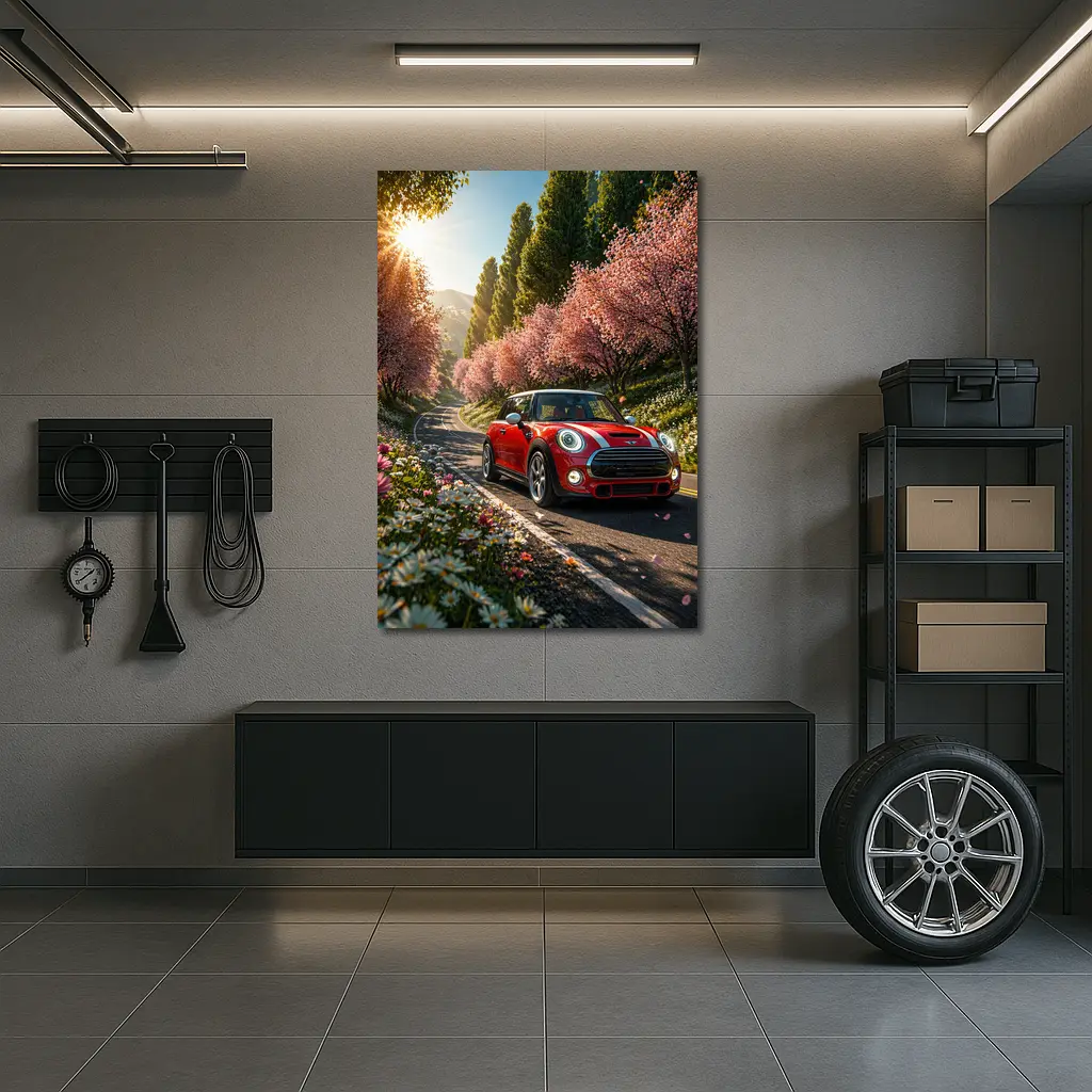 Red Mini Cooper S Cherry Blossom Road – Wall Art