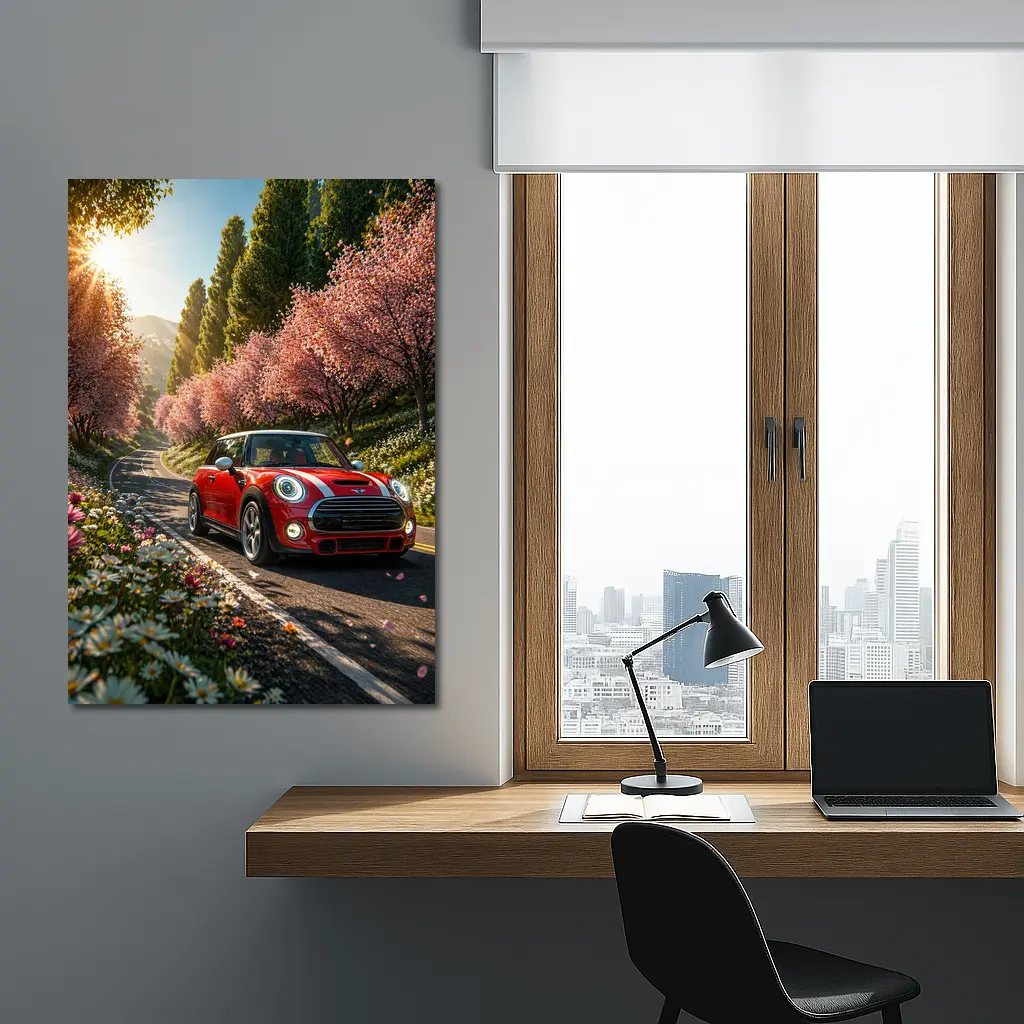 Red Mini Cooper S Cherry Blossom Road – Wall Art