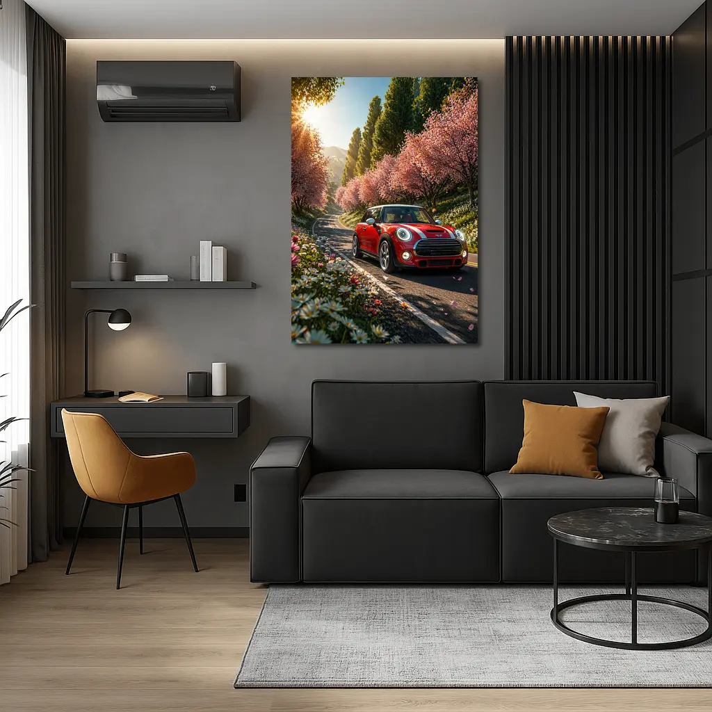 Red Mini Cooper S Cherry Blossom Road – Wall Art