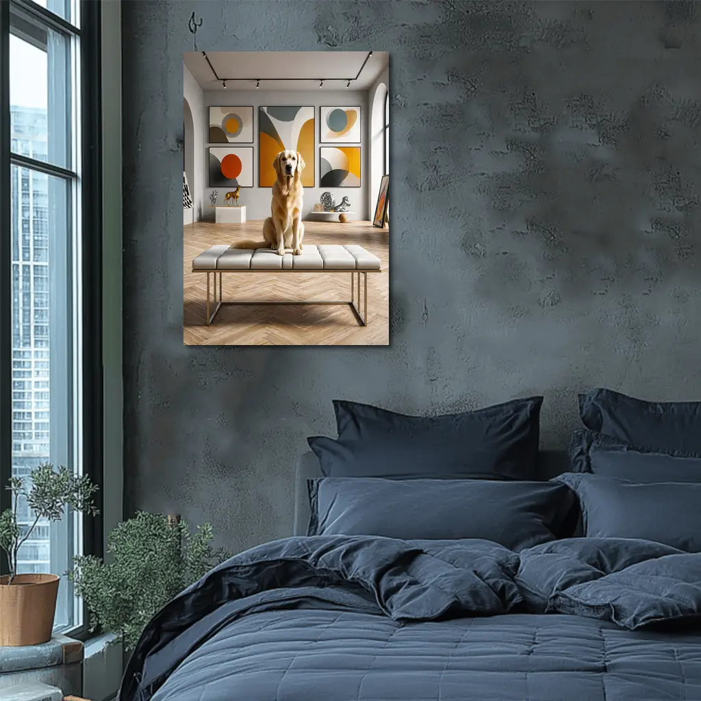 Golden Retriever Sitting in Modern Art Gallery – Wall Art