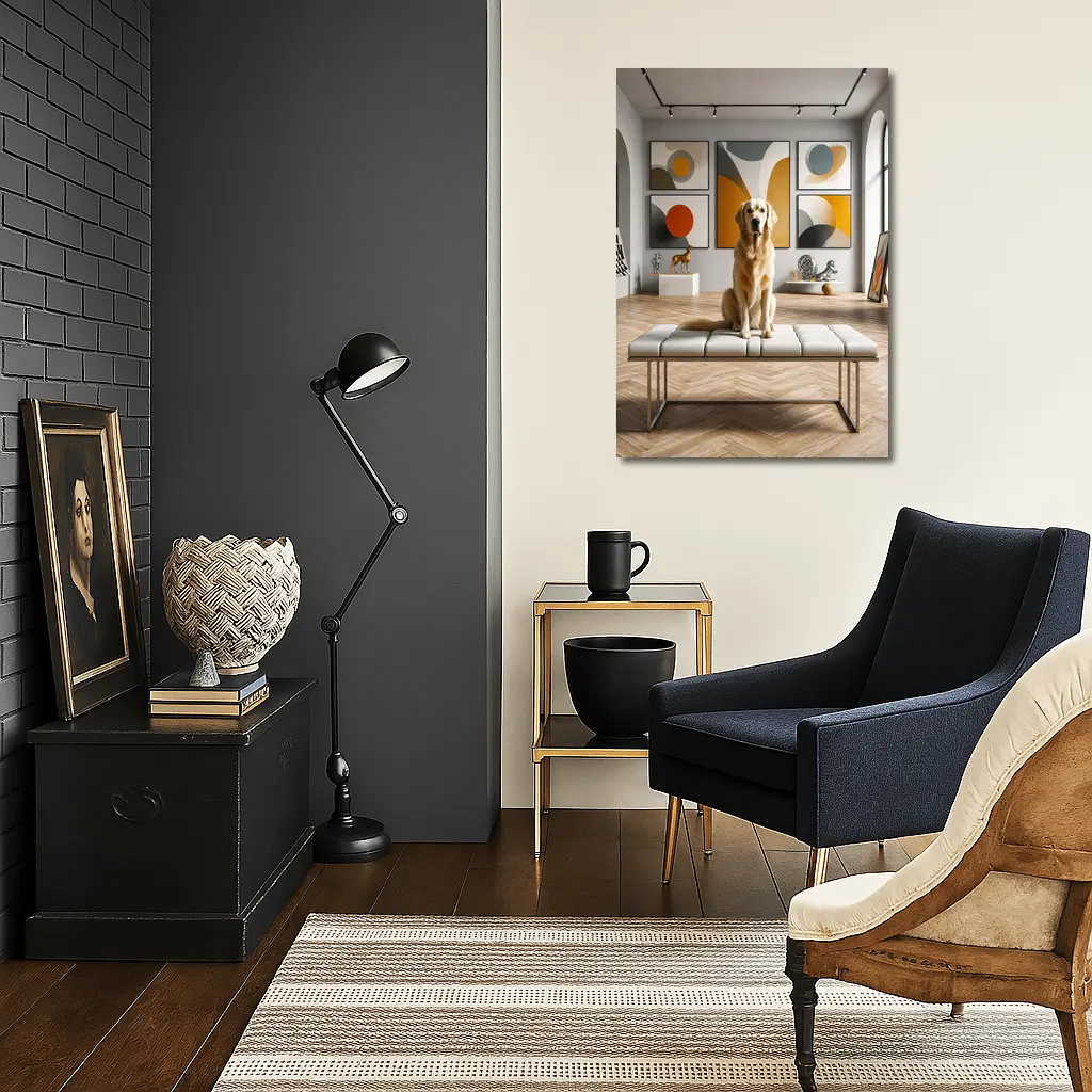Golden Retriever Sitting in Modern Art Gallery – Wall Art