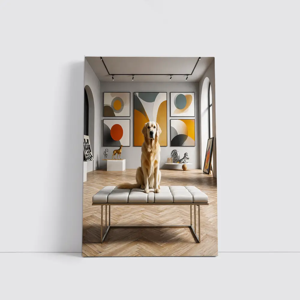 Golden Retriever Sitting in Modern Art Gallery – Wall Art