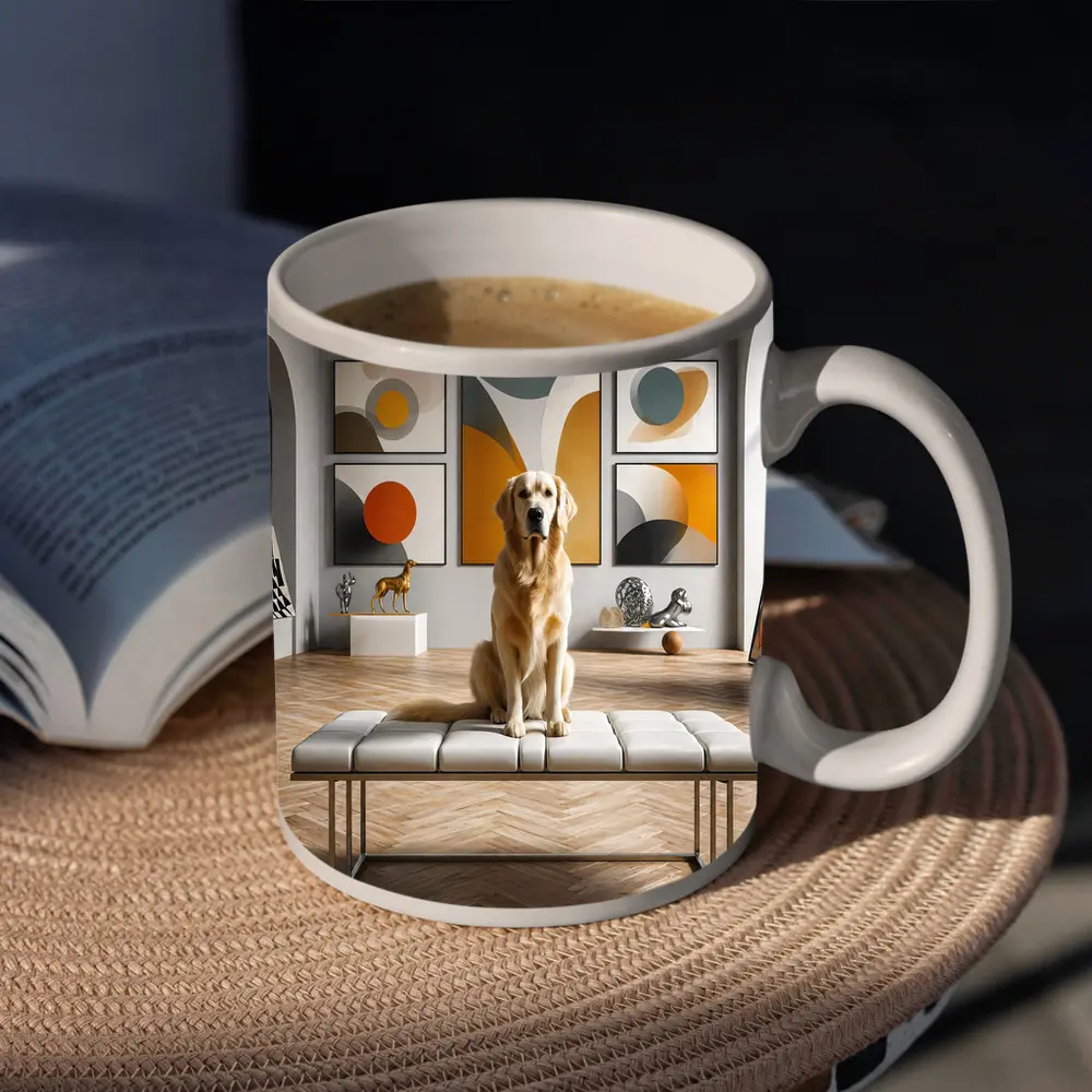 Golden Retriever Sitting in Modern Art Gallery – Mugs
