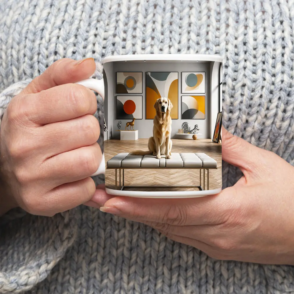 Golden Retriever Sitting in Modern Art Gallery – Mugs