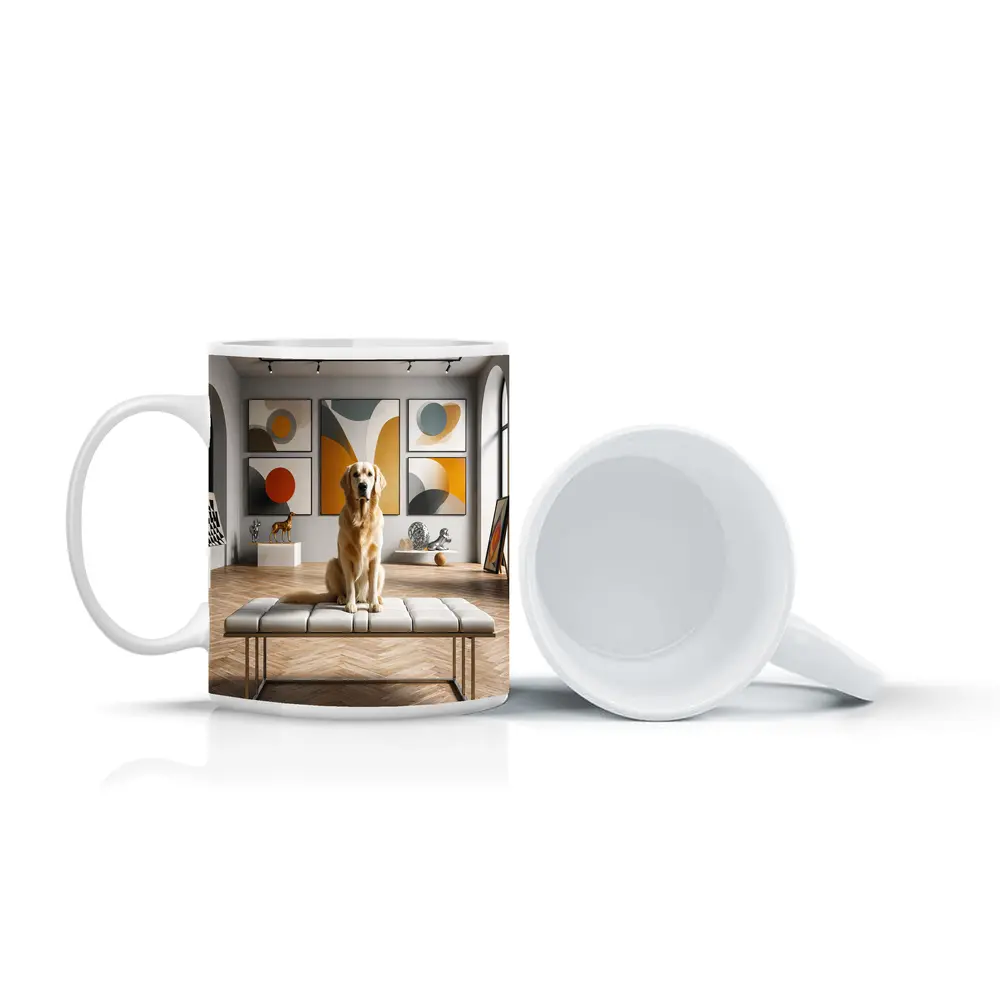 Golden Retriever Sitting in Modern Art Gallery – Mugs