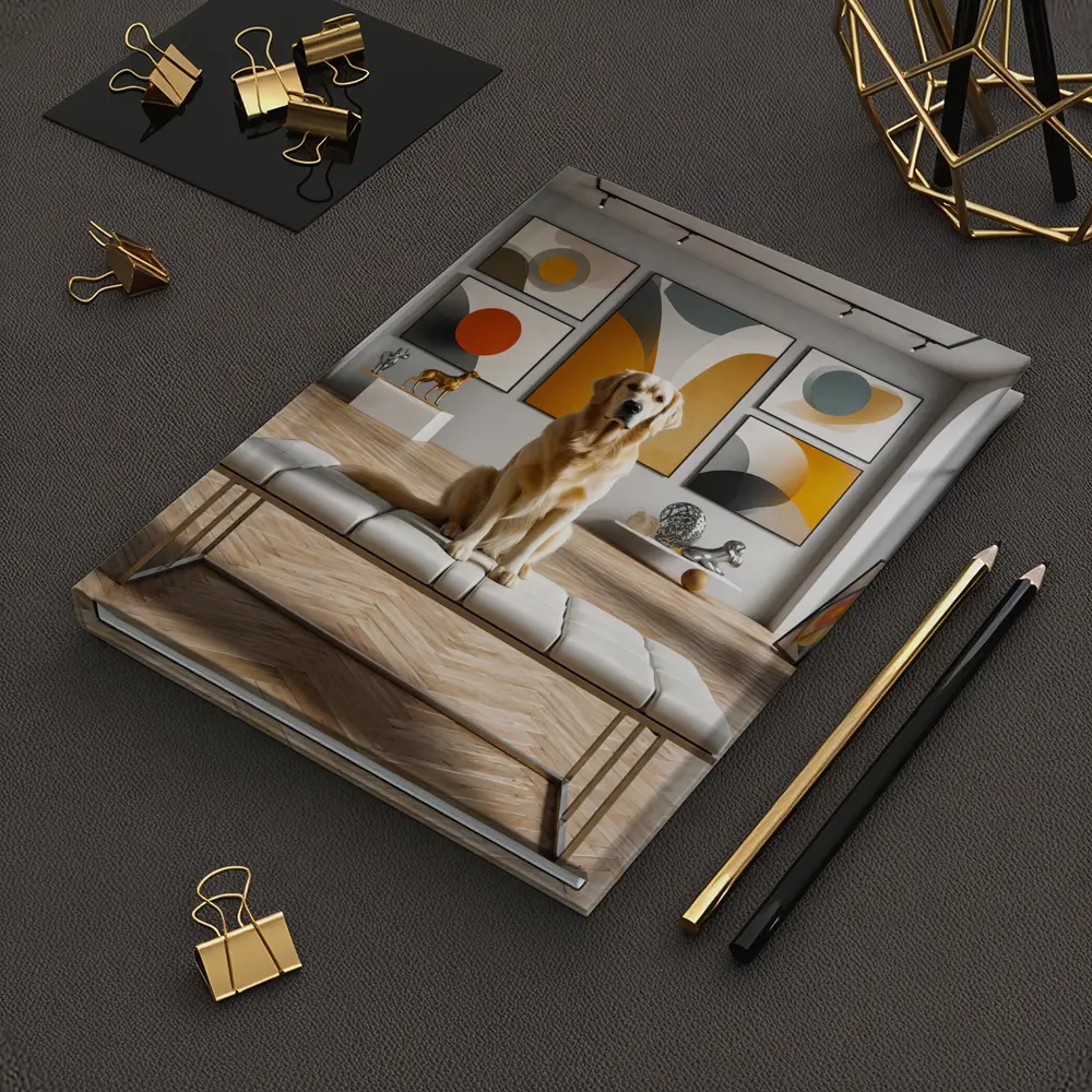 Golden Retriever Sitting in Modern Art Gallery – Notebooks