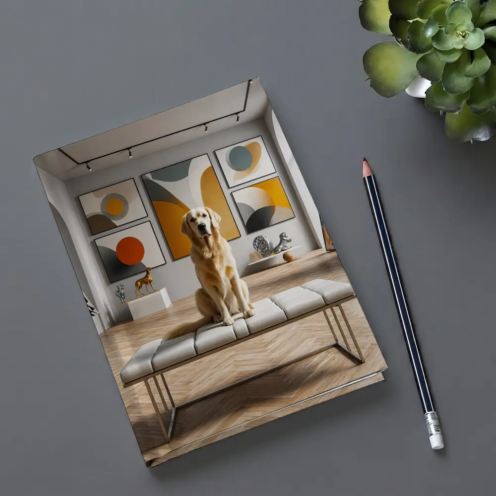 Golden Retriever Sitting in Modern Art Gallery – Notebooks