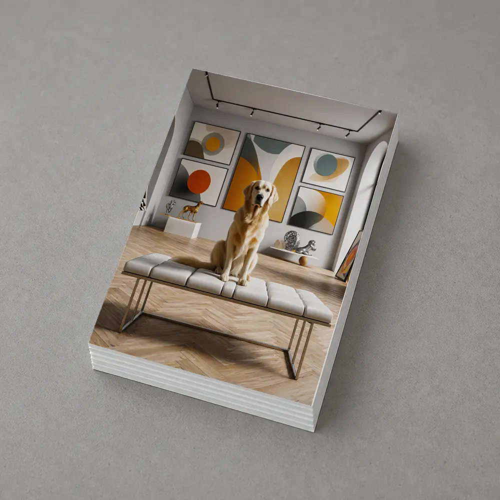 Golden Retriever Sitting in Modern Art Gallery – Postcards