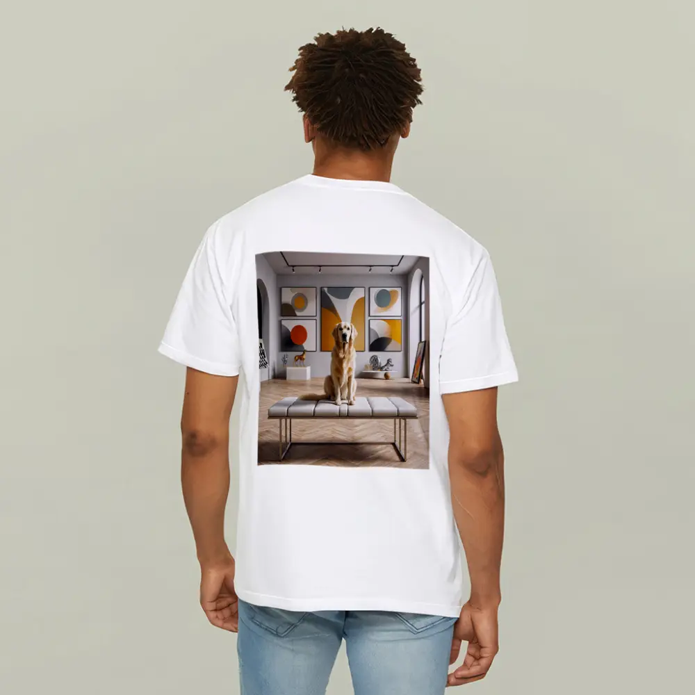 Golden Retriever Sitting in Modern Art Gallery – T-Shirts