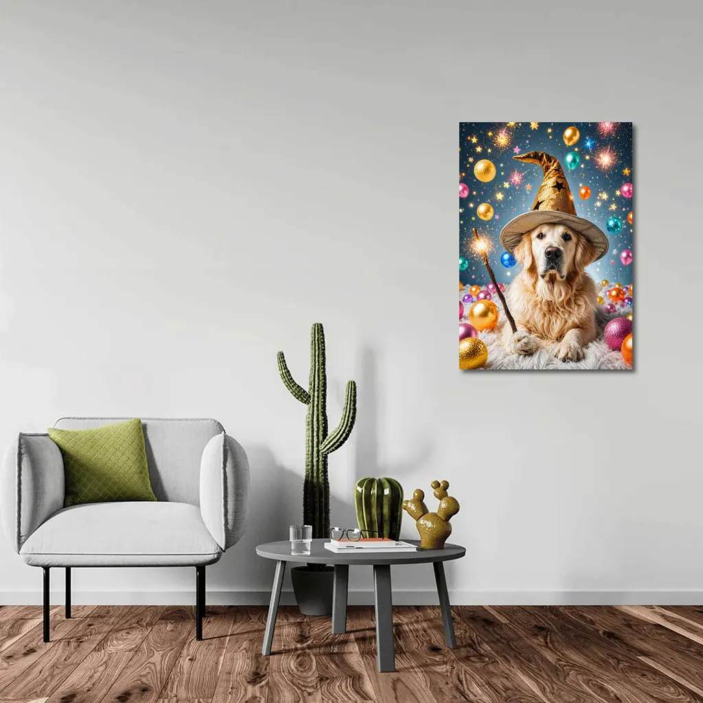 Golden Retriever Wizard Hat Magic Balloons – Wall Art