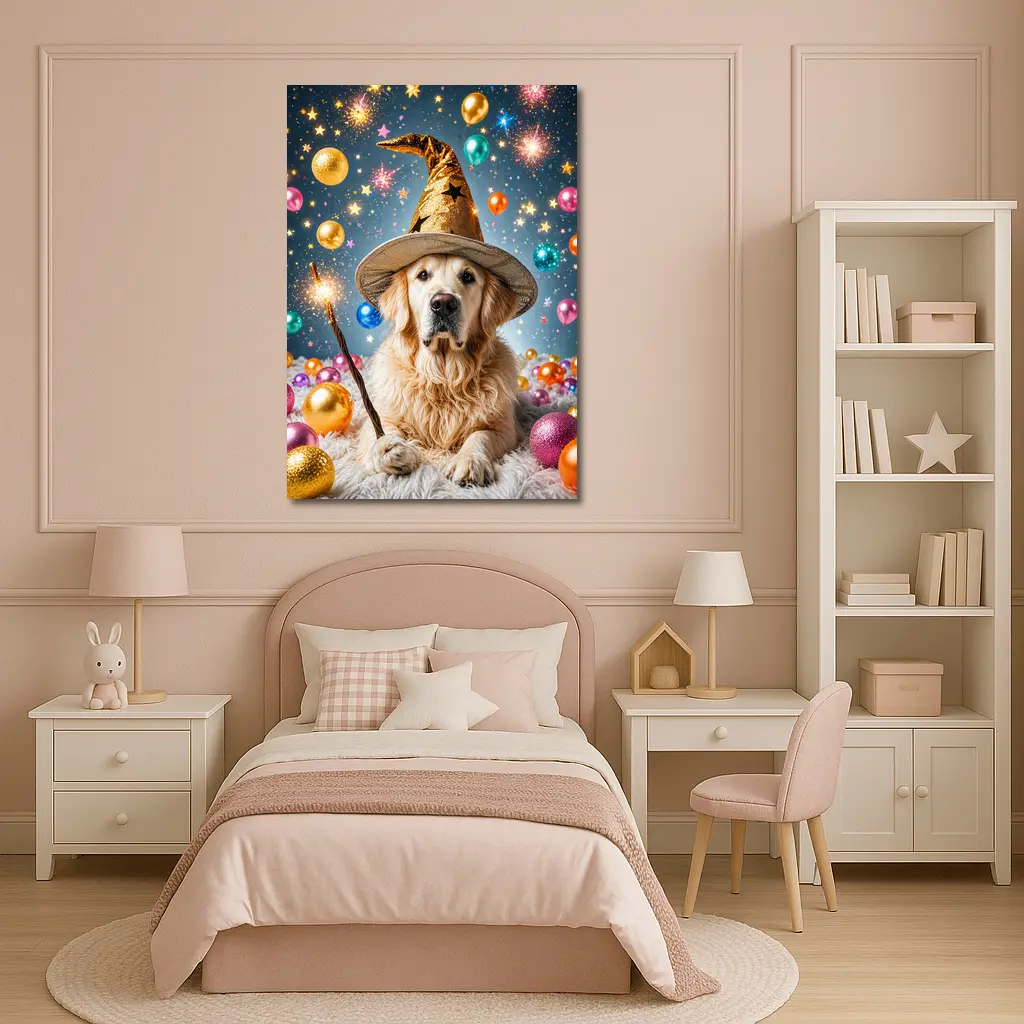 Golden Retriever Wizard Hat Magic Balloons – Wall Art