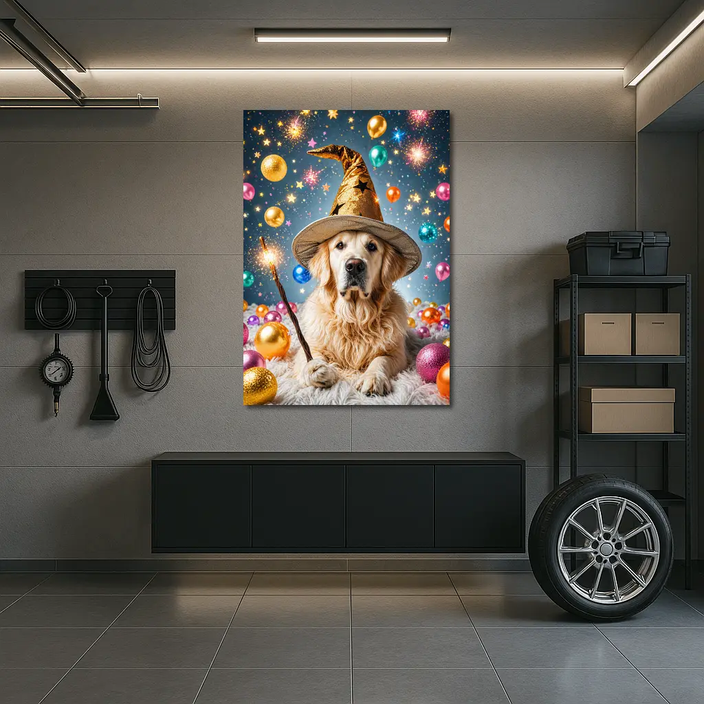 Golden Retriever Wizard Hat Magic Balloons – Wall Art