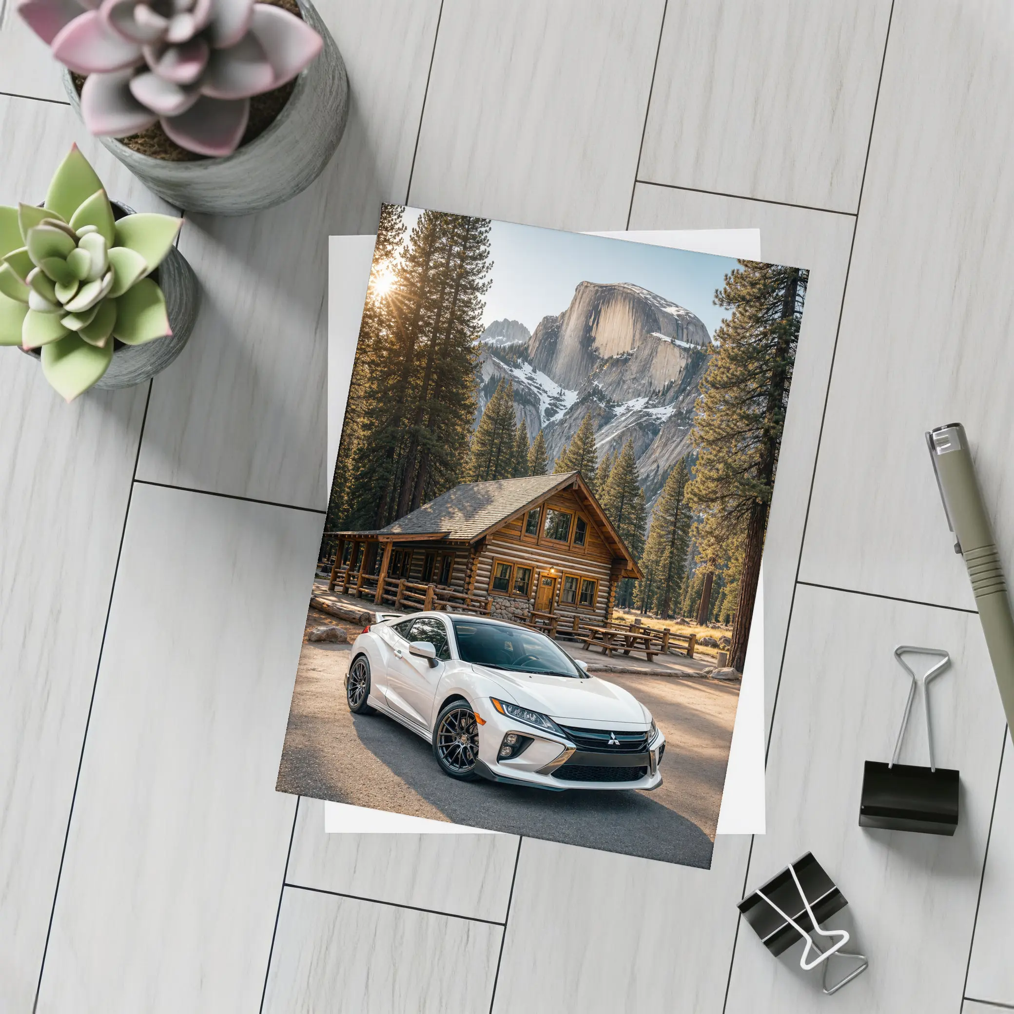 Mitsubishi Eclipse White Car Mountain Cabin – Postcards