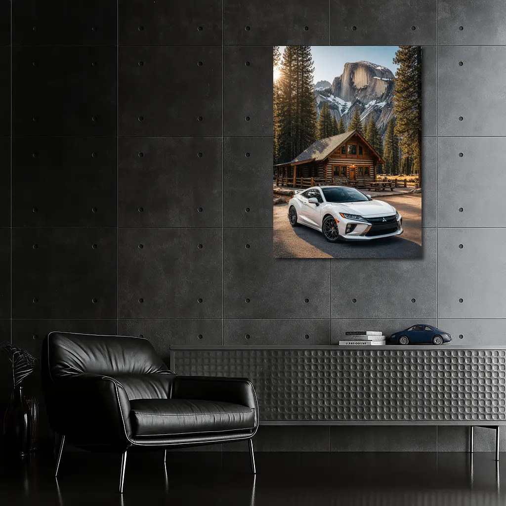 Mitsubishi Eclipse White Car Mountain Cabin – Wall Art