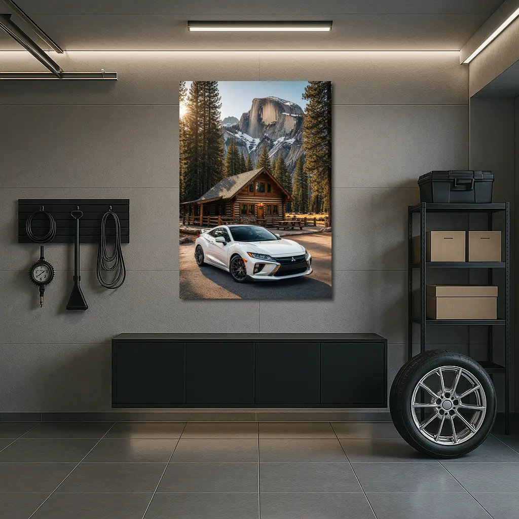 Mitsubishi Eclipse White Car Mountain Cabin – Wall Art