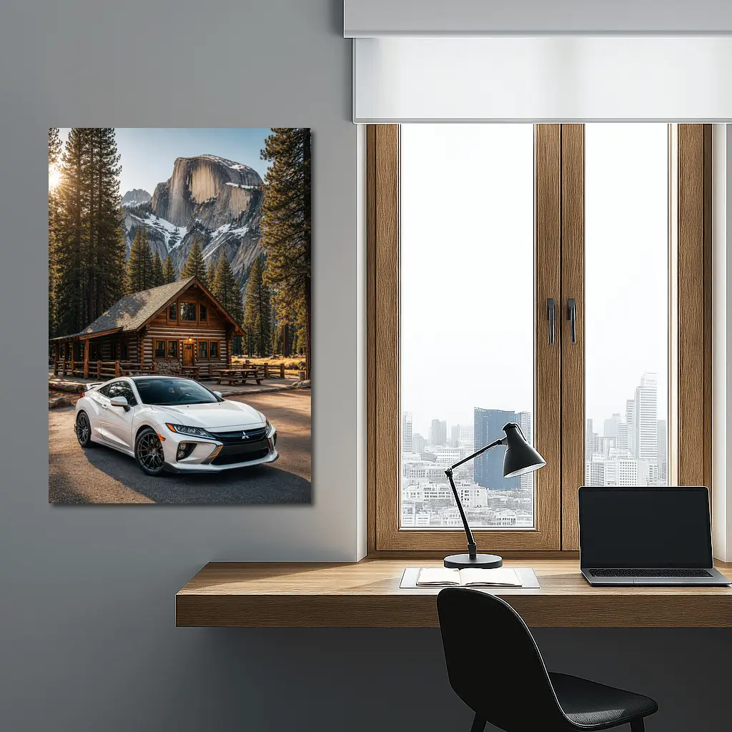 Mitsubishi Eclipse White Car Mountain Cabin – Wall Art