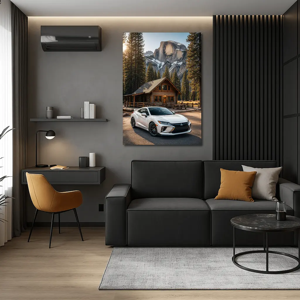 Mitsubishi Eclipse White Car Mountain Cabin – Wall Art