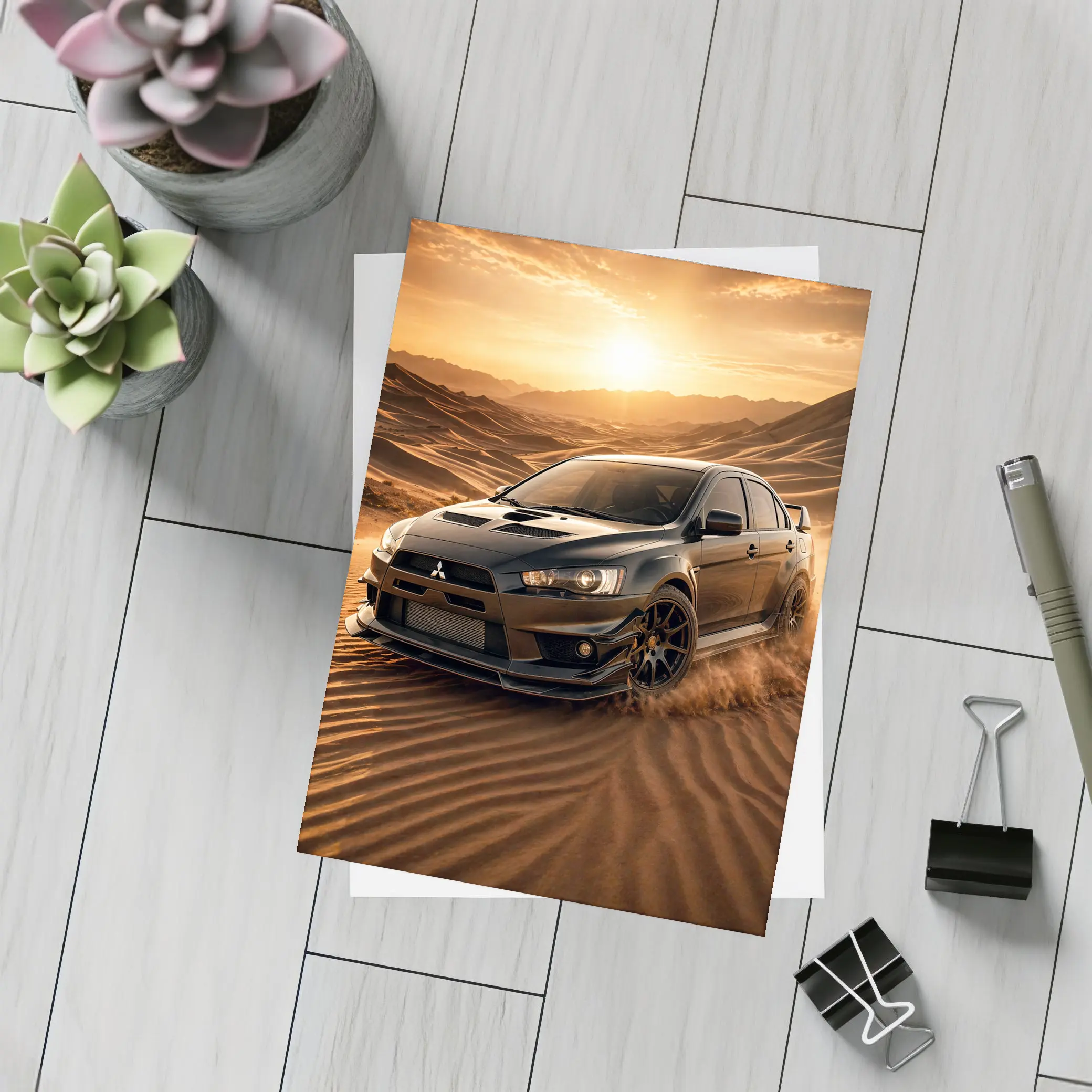 Mitsubishi Lancer Evolution Black Desert Sunset – Postcards