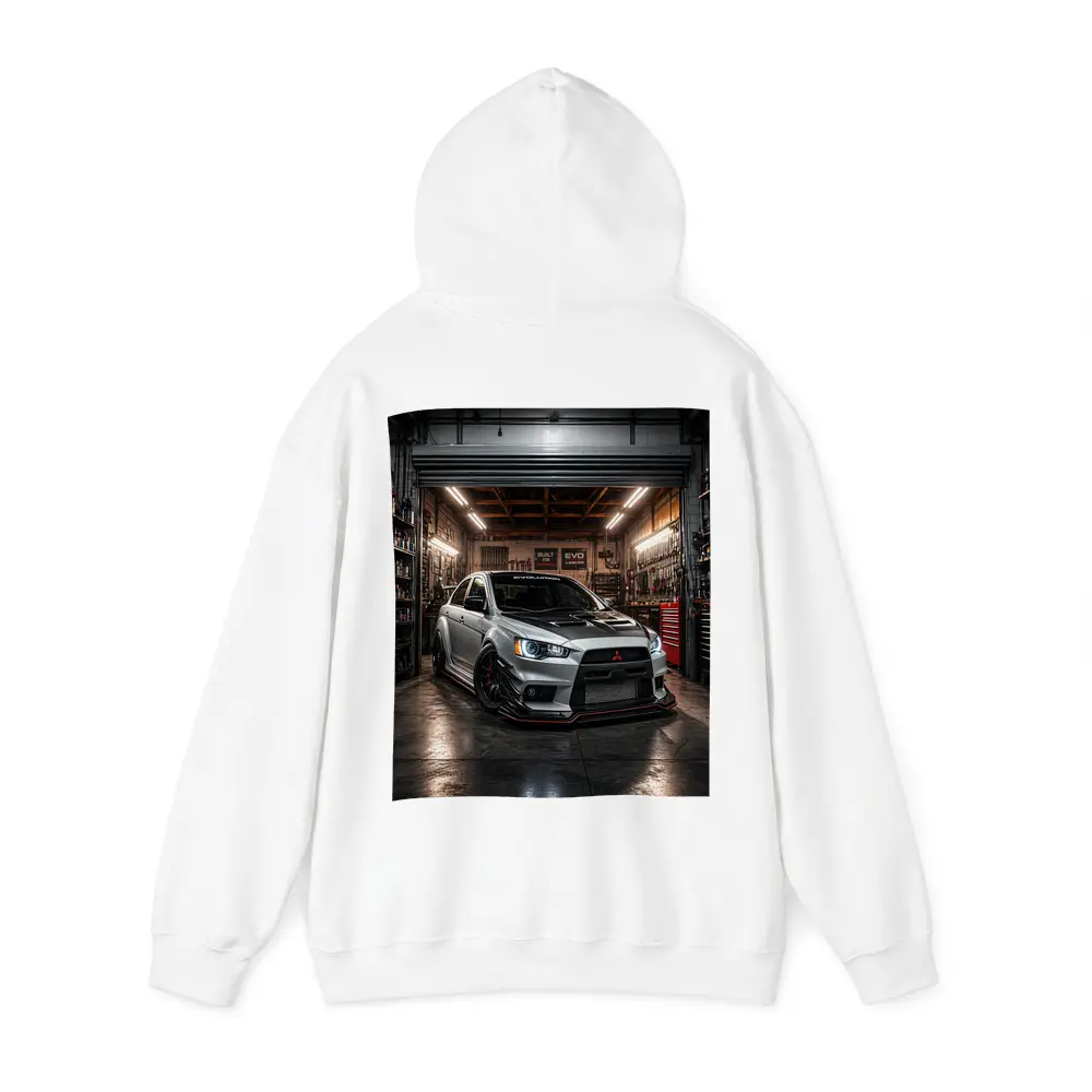 Mitsubishi Lancer Evolution Silver Garage Shot – Hoodies