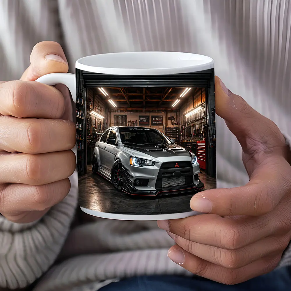 Mitsubishi Lancer Evolution Silver Garage Shot – Mugs