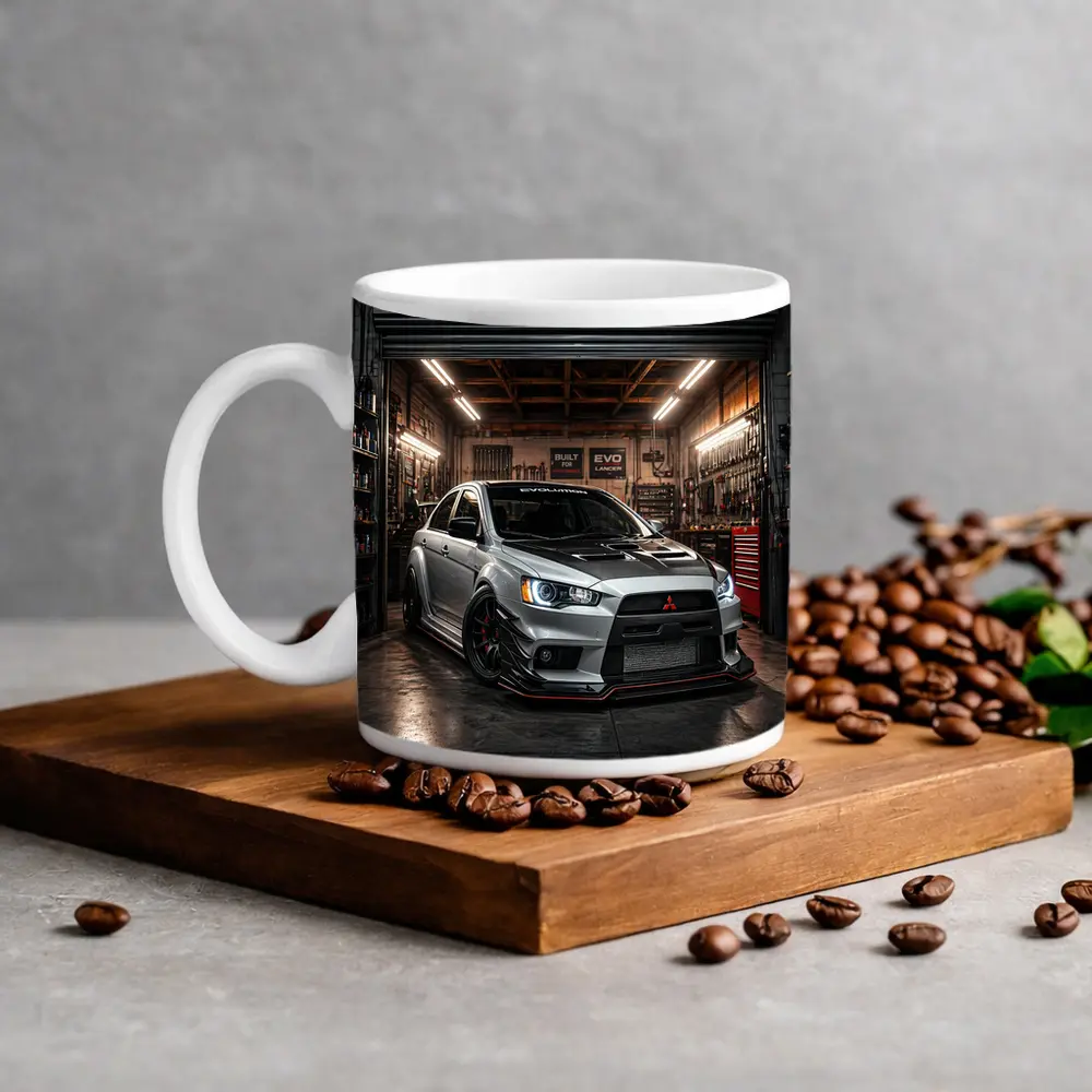 Mitsubishi Lancer Evolution Silver Garage Shot – Mugs