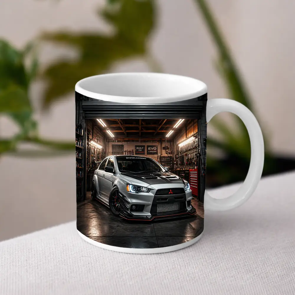 Mitsubishi Lancer Evolution Silver Garage Shot – Mugs