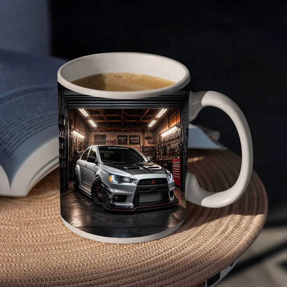 Mitsubishi Lancer Evolution Silver Garage Shot – Mugs