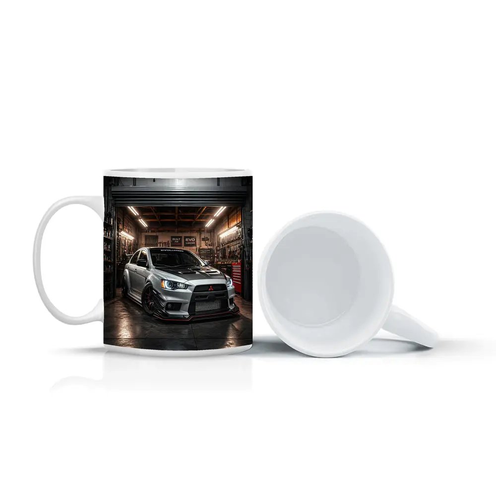 Mitsubishi Lancer Evolution Silver Garage Shot – Mugs