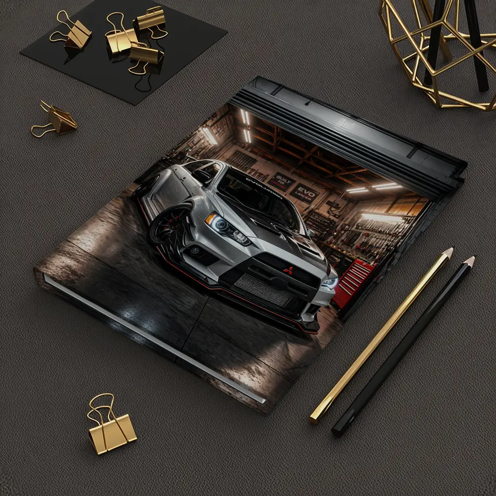 Mitsubishi Lancer Evolution Silver Garage Shot – Notebooks