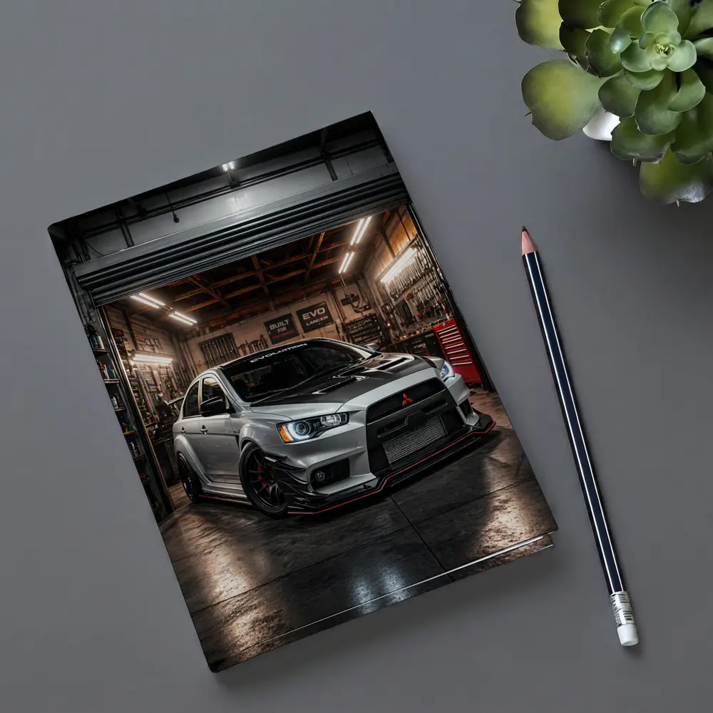 Mitsubishi Lancer Evolution Silver Garage Shot – Notebooks