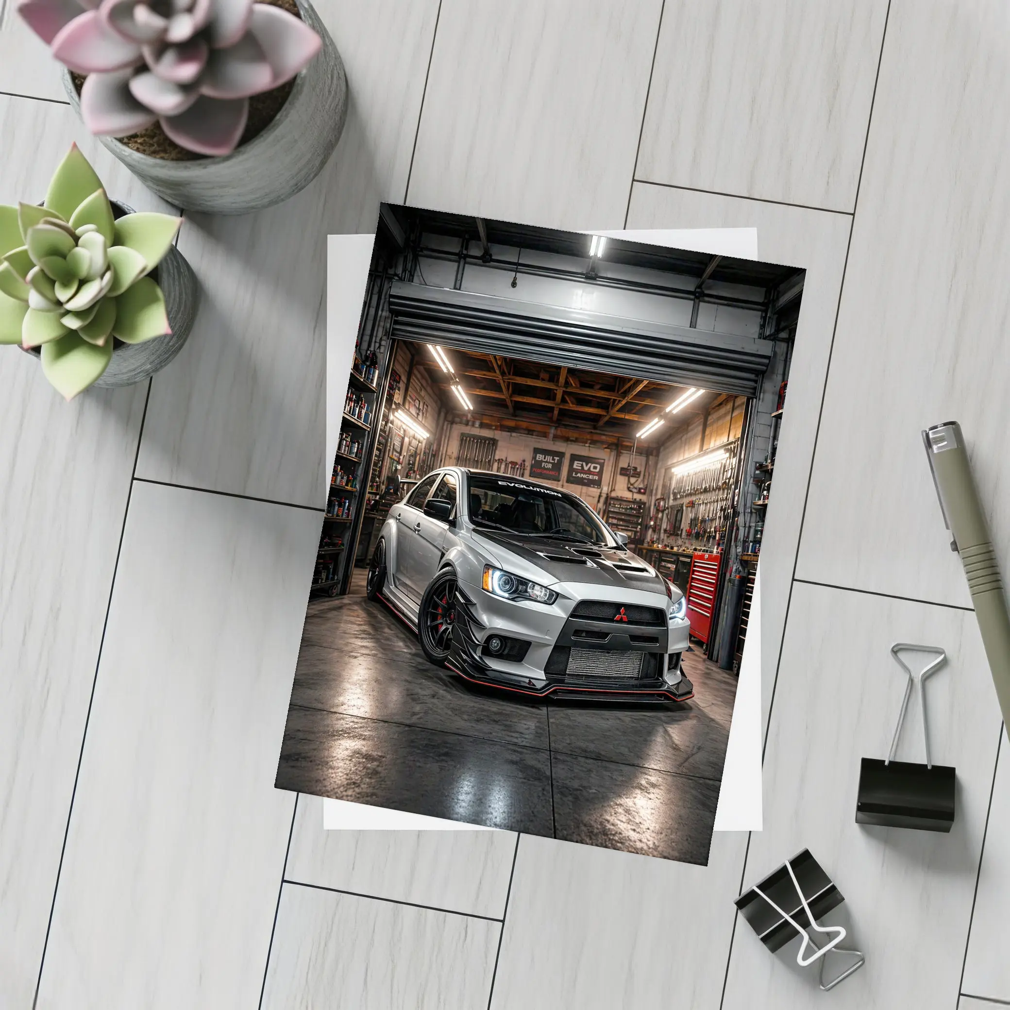 Mitsubishi Lancer Evolution Silver Garage Shot – Postcards