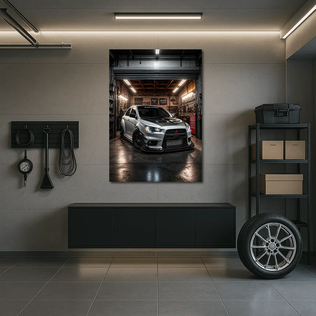 Mitsubishi Lancer Evolution Silver Garage Shot – Wall Art