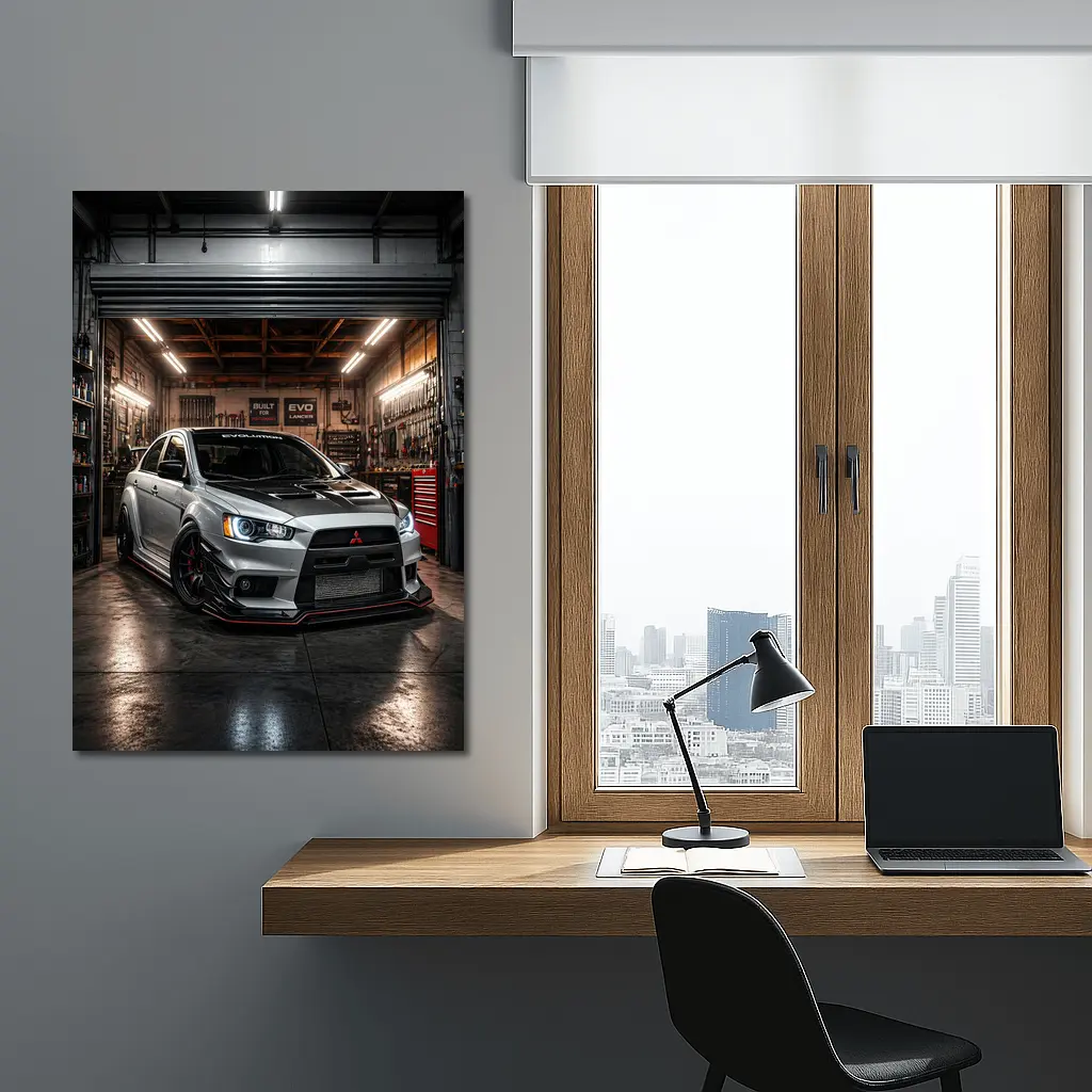 Mitsubishi Lancer Evolution Silver Garage Shot – Wall Art