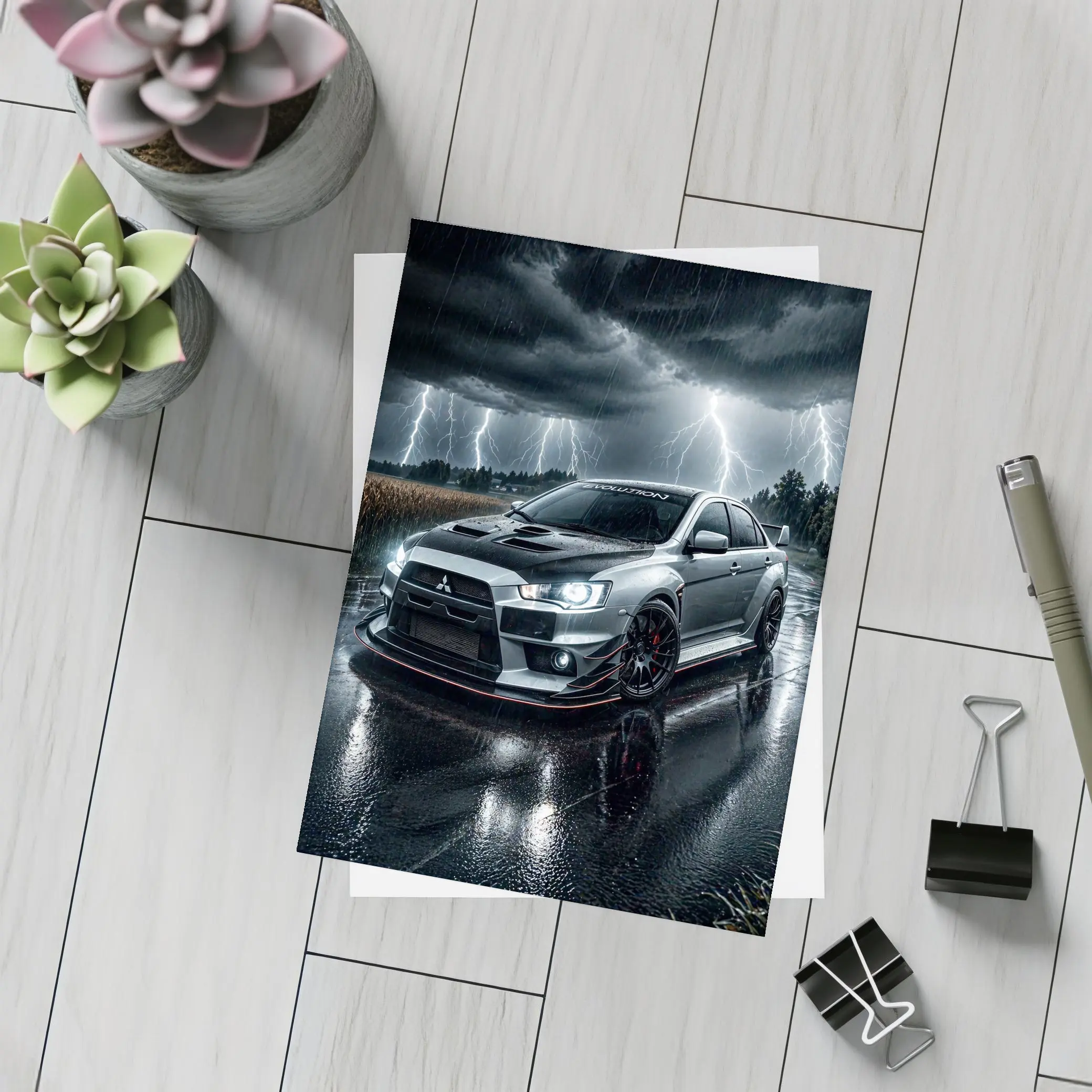 Mitsubishi Lancer Evolution Stormy Night Rain – Postcards