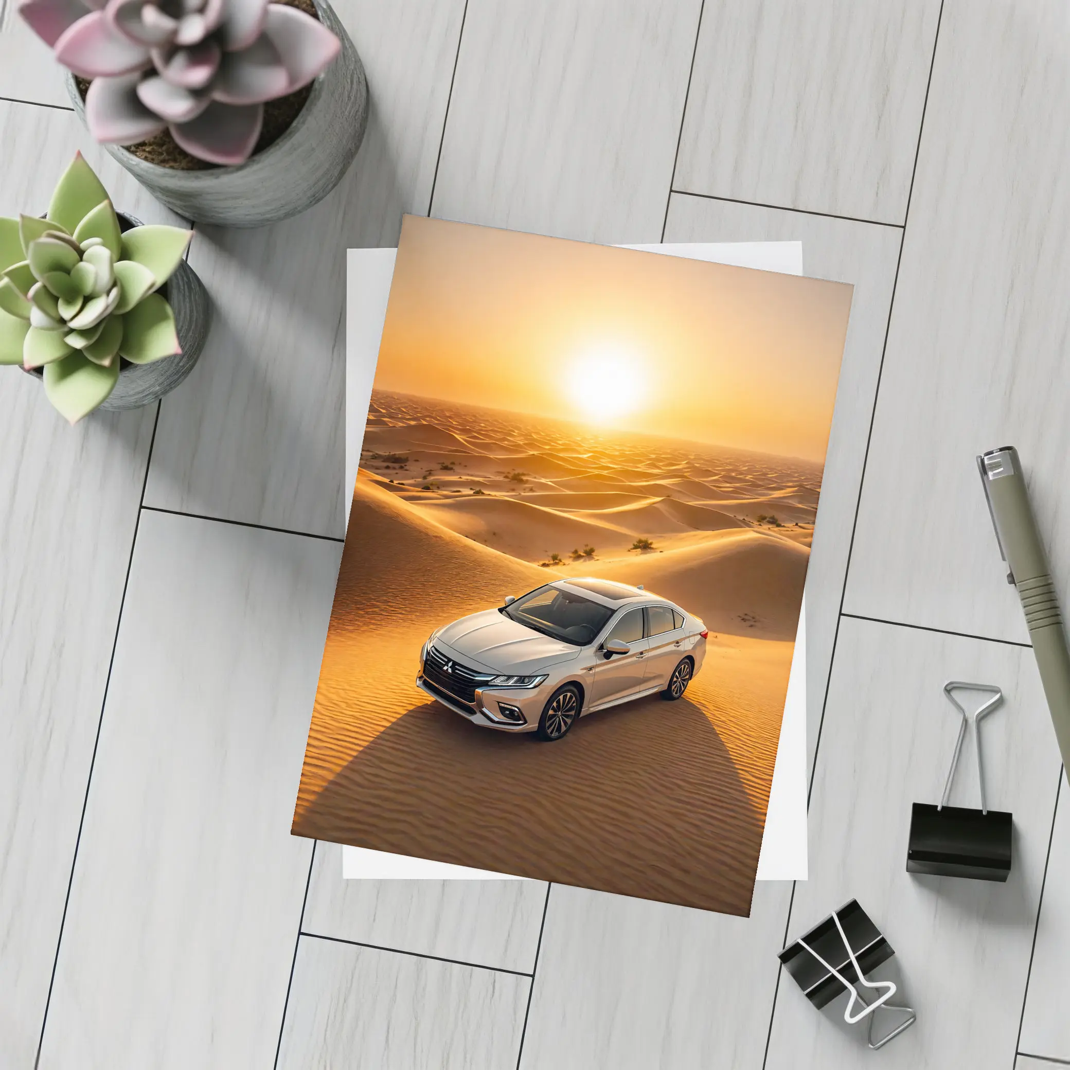 Mitsubishi Galant Silver Sedan Desert Sunset – Postcards