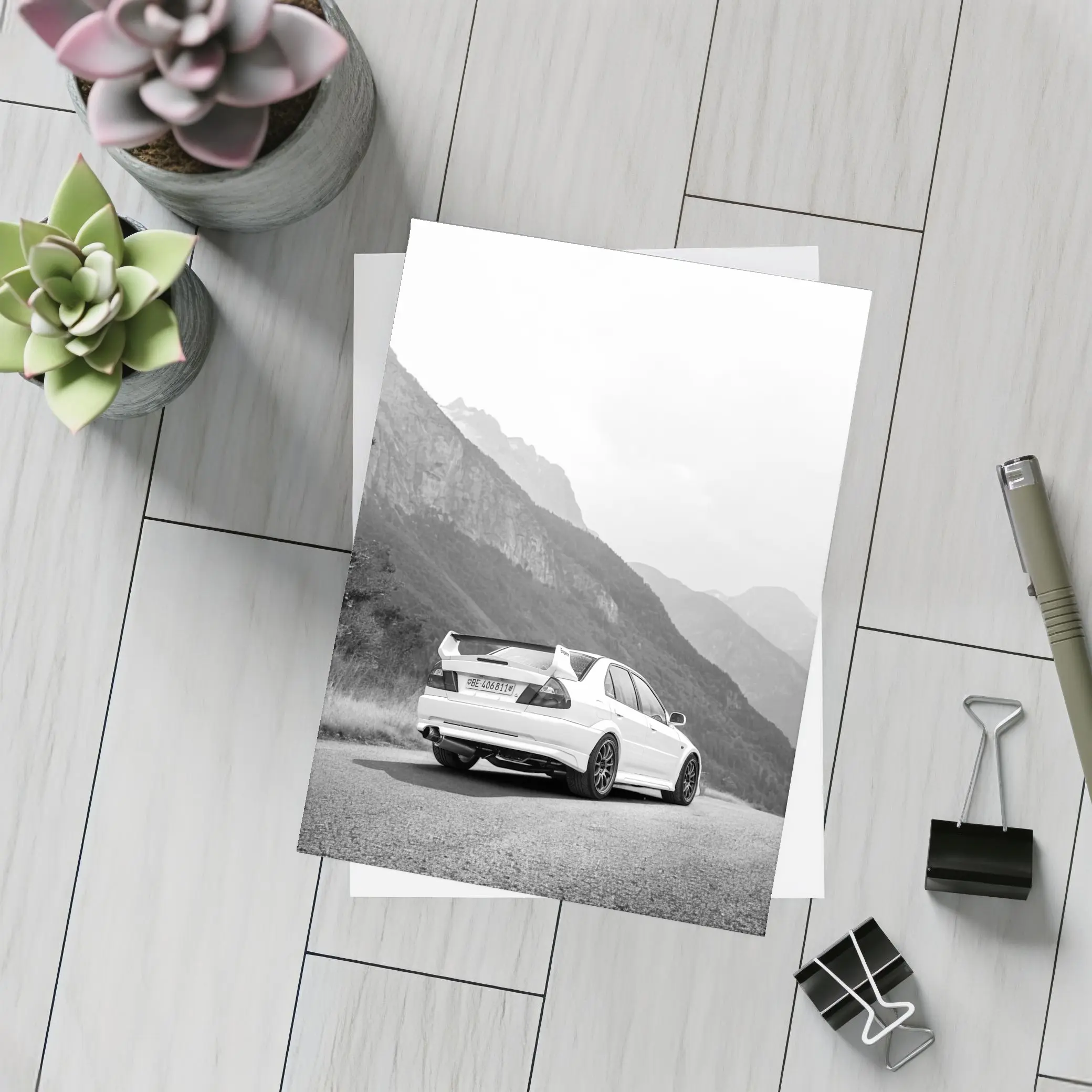 Mitsubishi Lancer Evolution Mountain Road Black White – Postcards