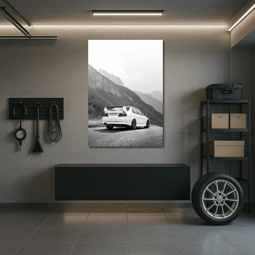 Mitsubishi Lancer Evolution Mountain Road Black White – Wall Art