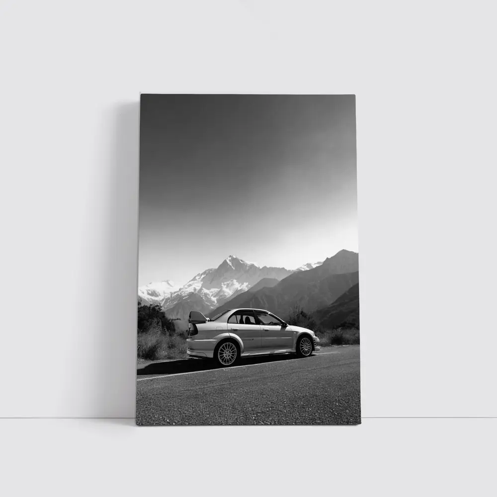 Mitsubishi Lancer Evolution Black White Mountains – Wall Art