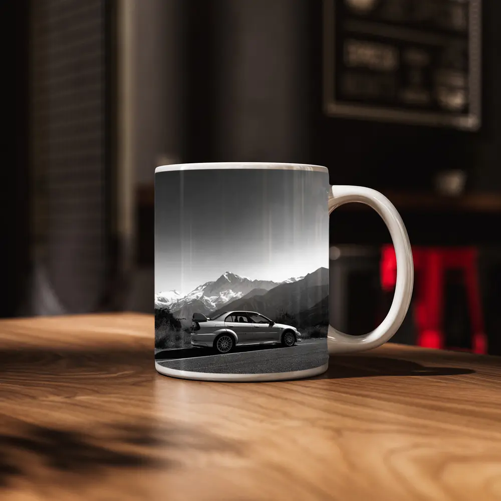 Mitsubishi Lancer Evolution Black White Mountains – Mugs