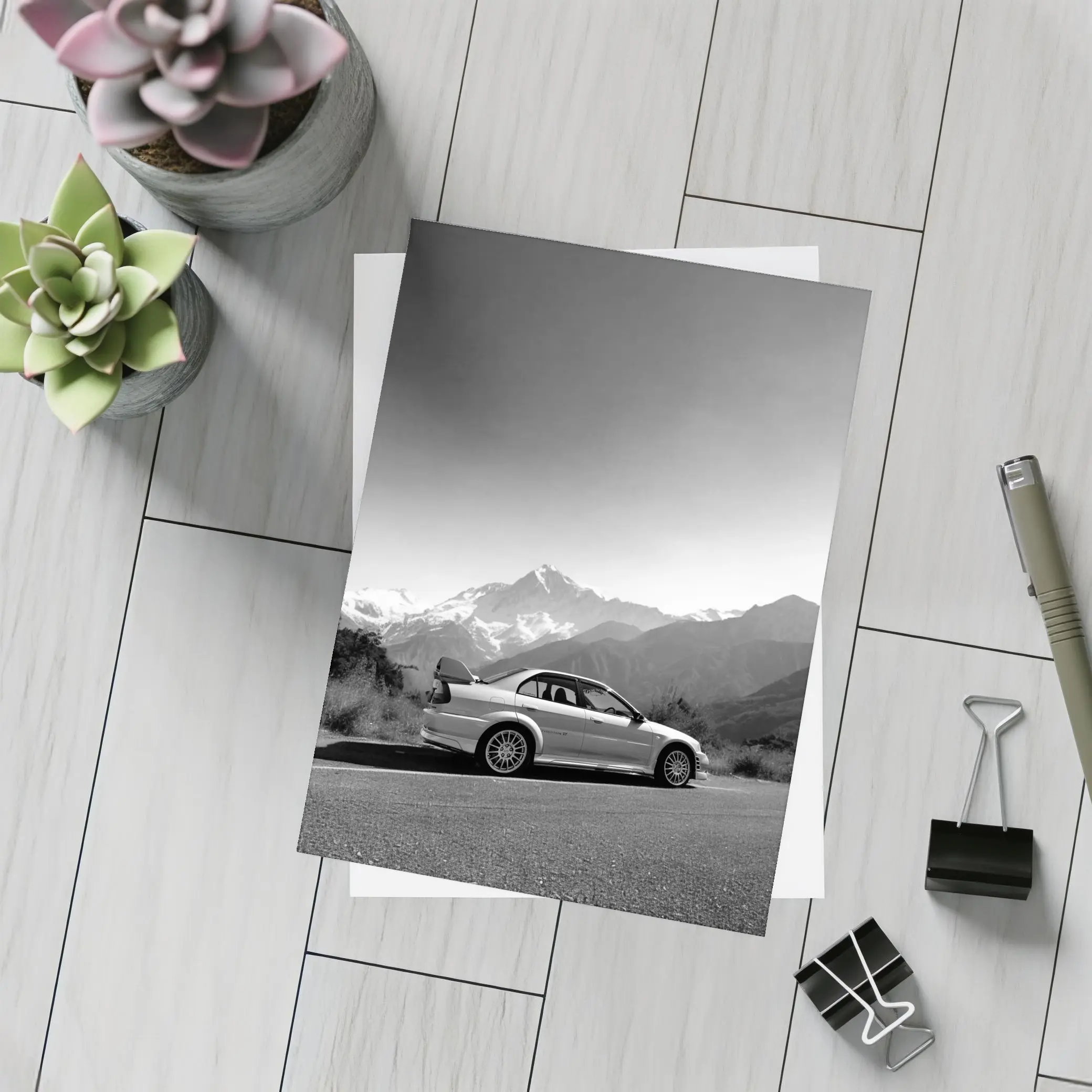 Mitsubishi Lancer Evolution Black White Mountains – Postcards