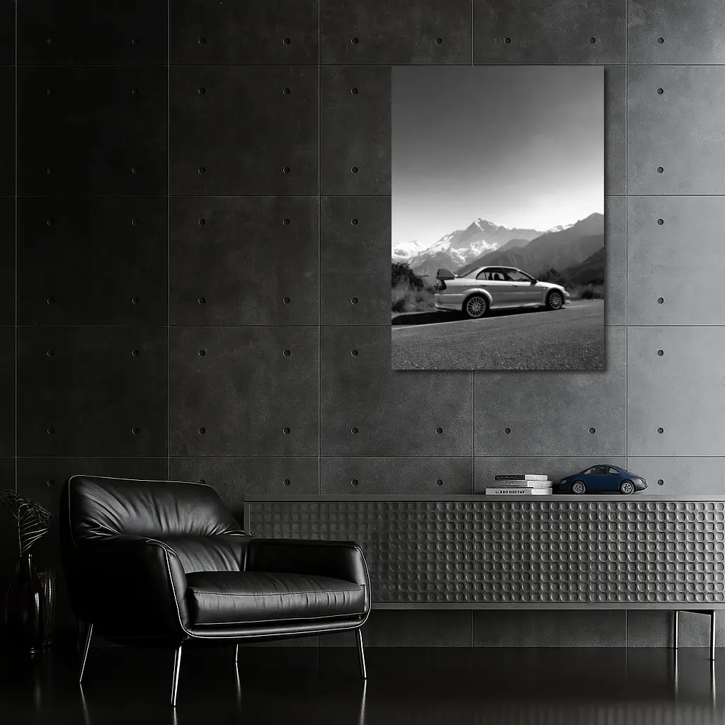 Mitsubishi Lancer Evolution Black White Mountains – Wall Art
