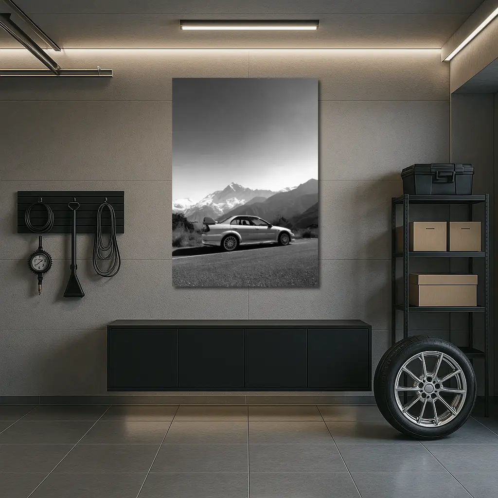 Mitsubishi Lancer Evolution Black White Mountains – Wall Art