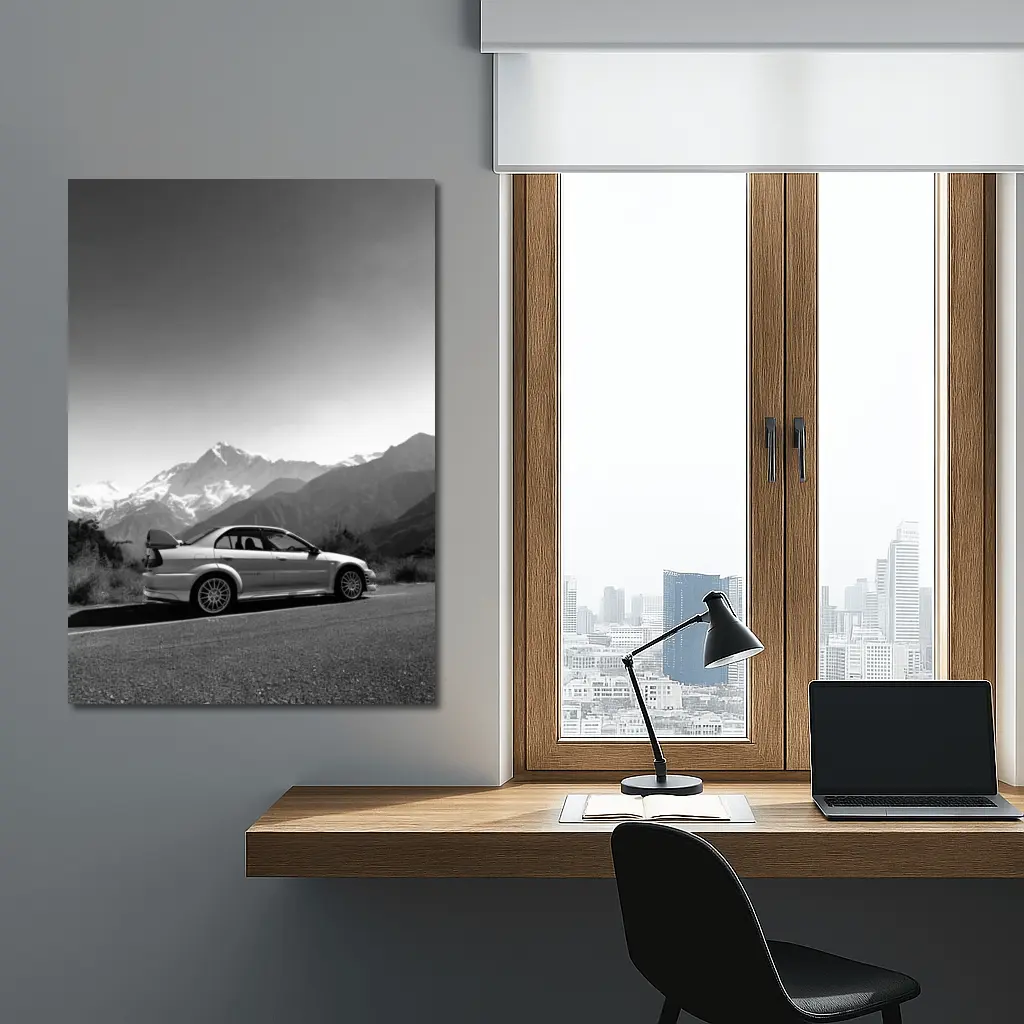 Mitsubishi Lancer Evolution Black White Mountains – Wall Art