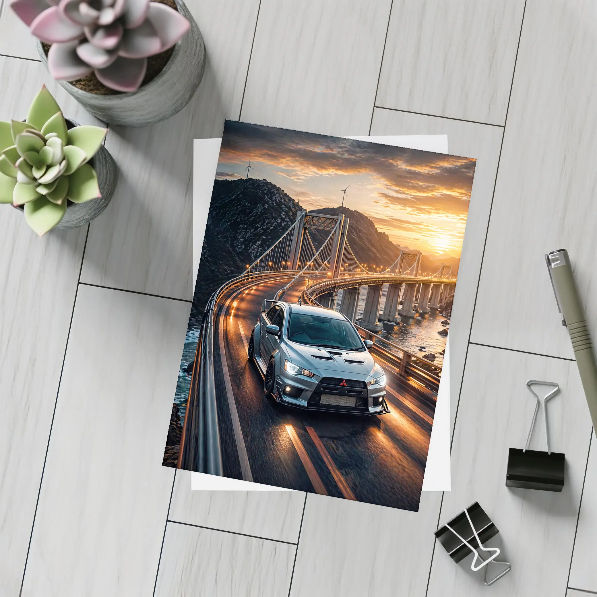 Mitsubishi Lancer Evolution Bridge Sunset Drive – Postcards