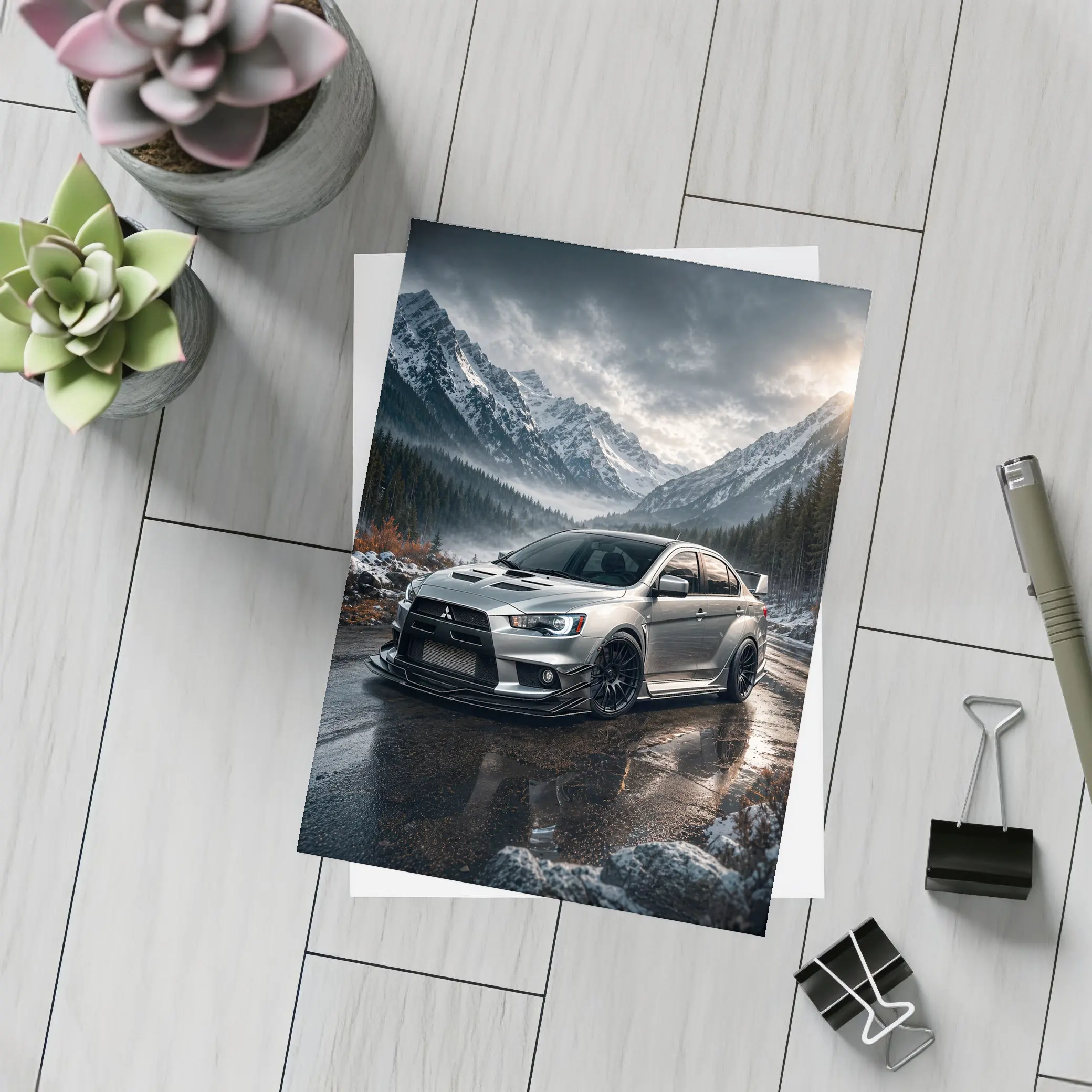 Mitsubishi Lancer Evolution Snowy Mountain Road – Postcards