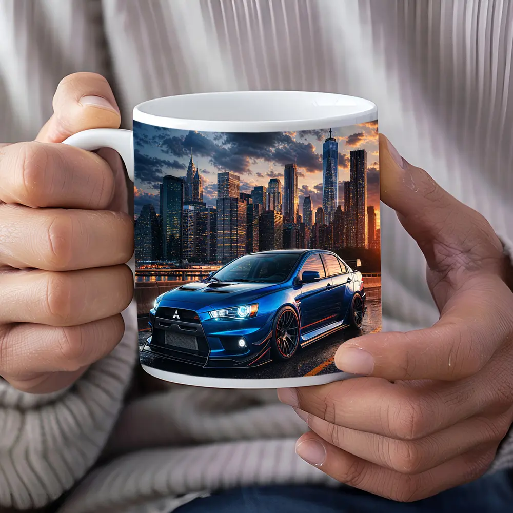 Mitsubishi Lancer Evolution Blue City Skyline – Mugs
